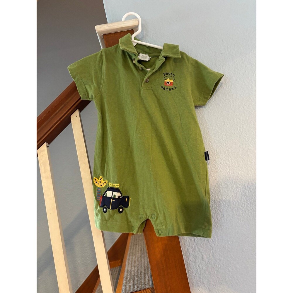 Carter’s vintage hands tag polo romper green photo safari car 12-18 mths Y2K